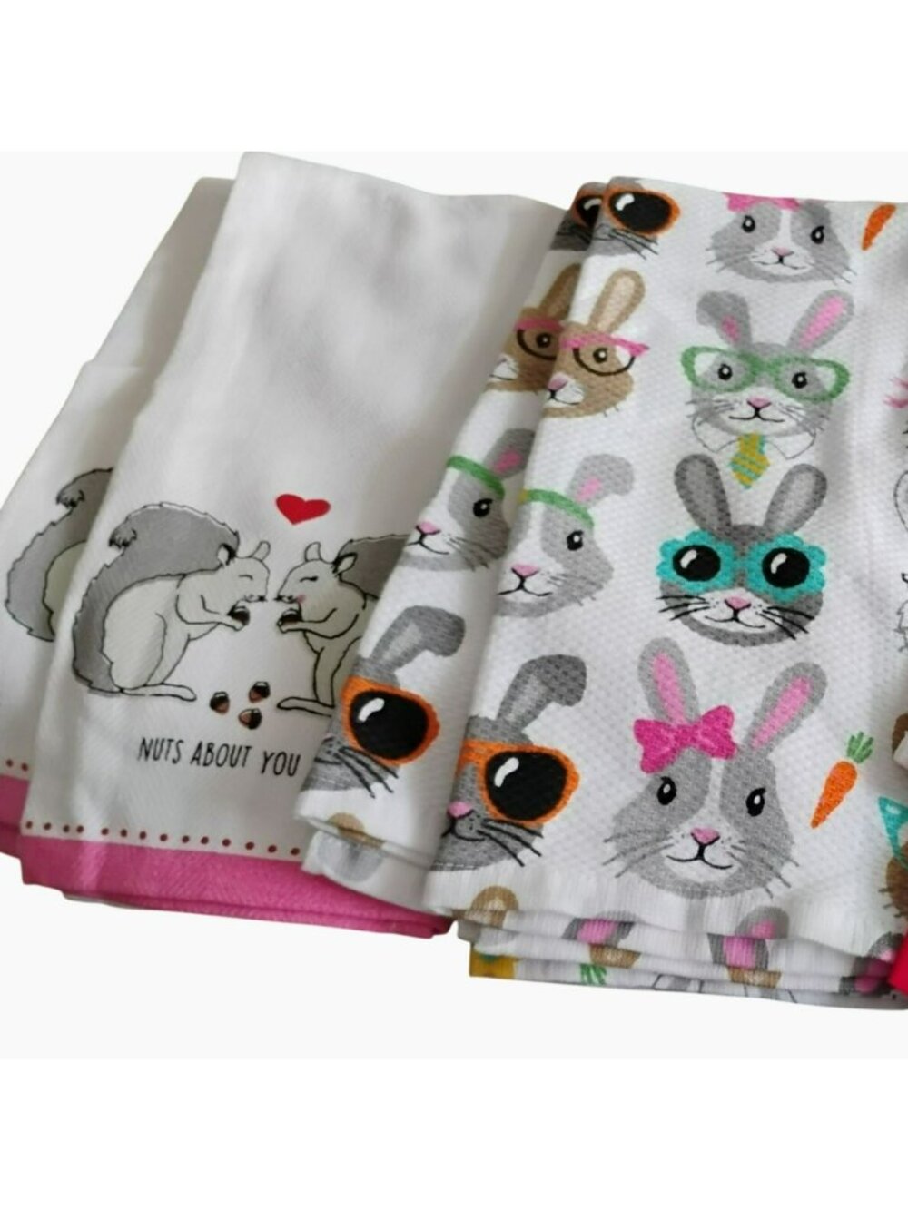 Set of 4 Easter Spring Kitchen Towels, Bunny Glasses Squirrels, Whimsical NEW - Picture 2 of 9